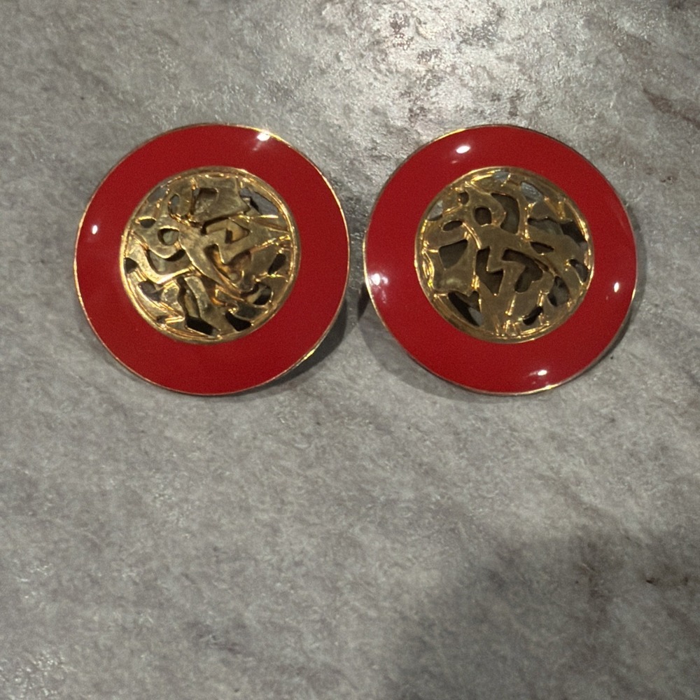 Vtg Edgar Berebi Red Round Enamel Gold Tone Clip On‎ Earrings, 1  3/8"